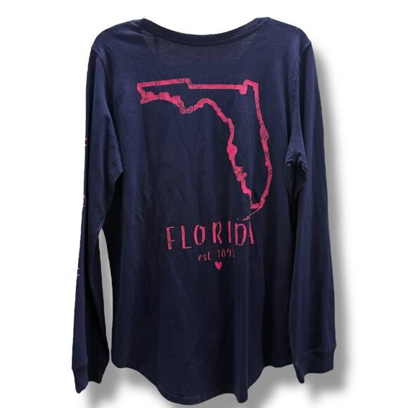State of Mine Womens Long Sleeve Florida Est 1845 Navy Blue Pink Tee NEW - Picture 1 of 5